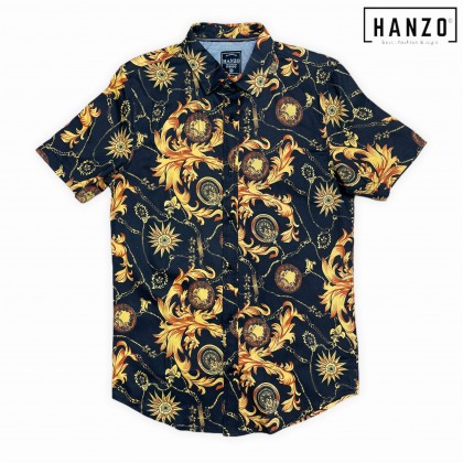 HANZO Men Shirt Short Sleeve Shirt Floral Baju Kemeja Lelaki J376-106517(Black)